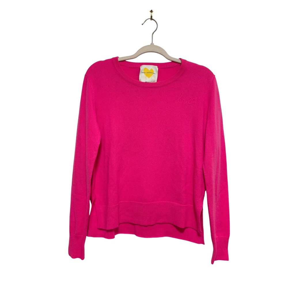 Kerri Rosenthal Womens Pink Cashmere Loved Sweater Blue Elbow Patches Size S